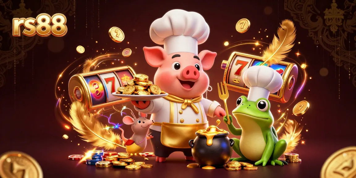 Engage with rs88 slot games as a chef pig serves golden coins in this vibrant casino scene.
