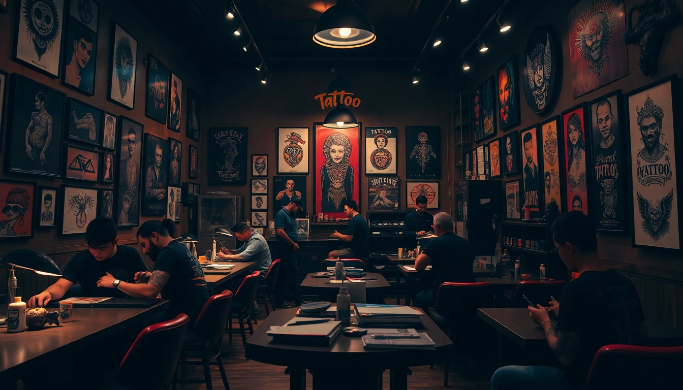 Tattoo artists creating body art in a modern, vibrant setting at https://89bet.tattoo/.