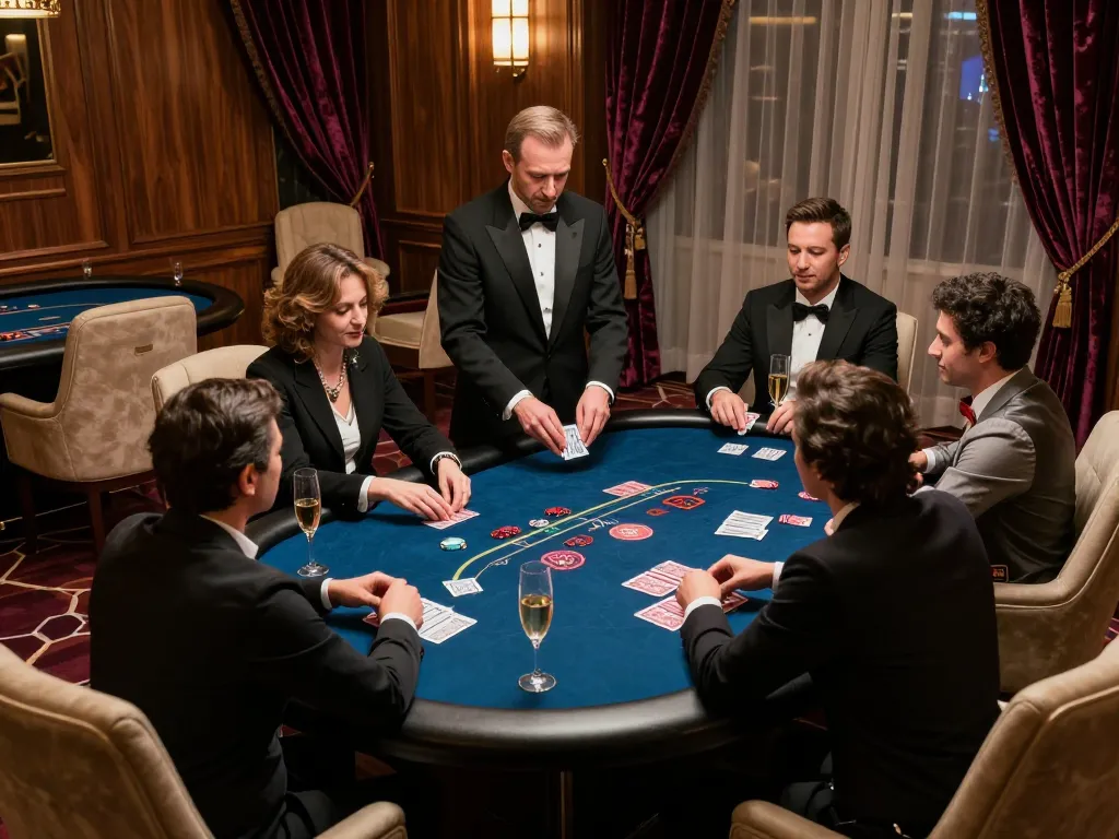 Cổng game Dwin featuring an elegant VIP poker table with players engaged in high-stakes gameplay and a professional dealer.