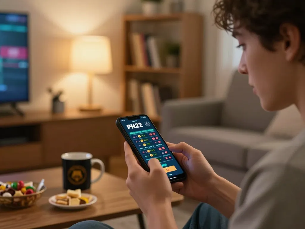 Player exploring PH22 betting opportunities on mobile app in a cozy living room setting