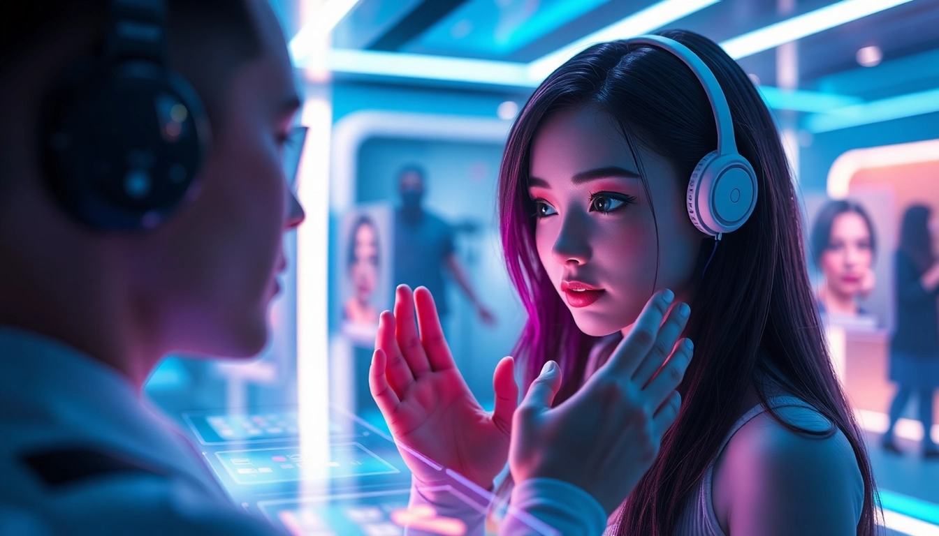 Engaging interaction with NSFW AI characters in a futuristic digital space.