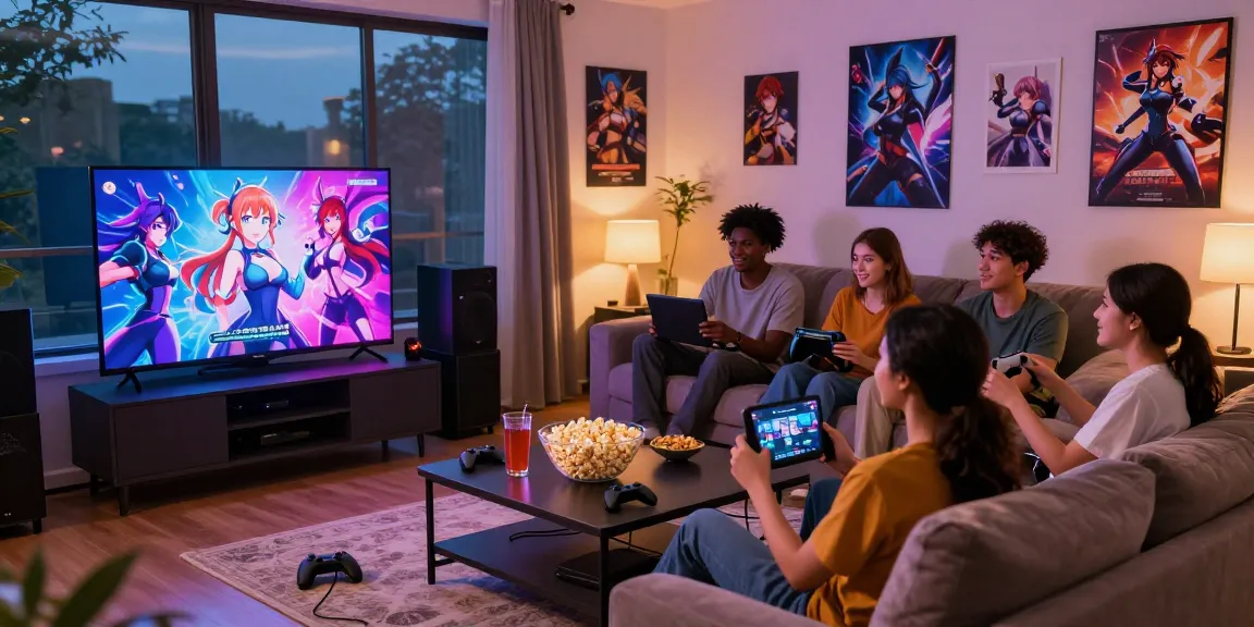 Group enjoying a hentai game session in a cozy living room with snacks and colorful game characters.