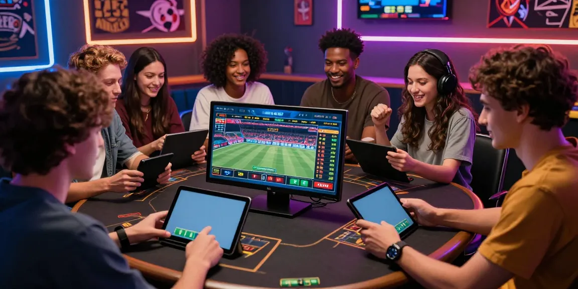 Exciting sports betting scene at https://five88.boats/ with friends celebrating wins using digital devices in a lively atmosphere.