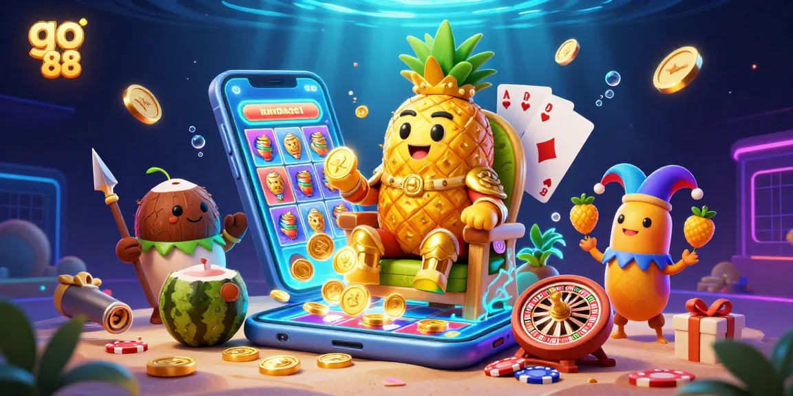 Engage with go 88's colorful slot experience featuring a golden pineapple king and dynamic casino elements.