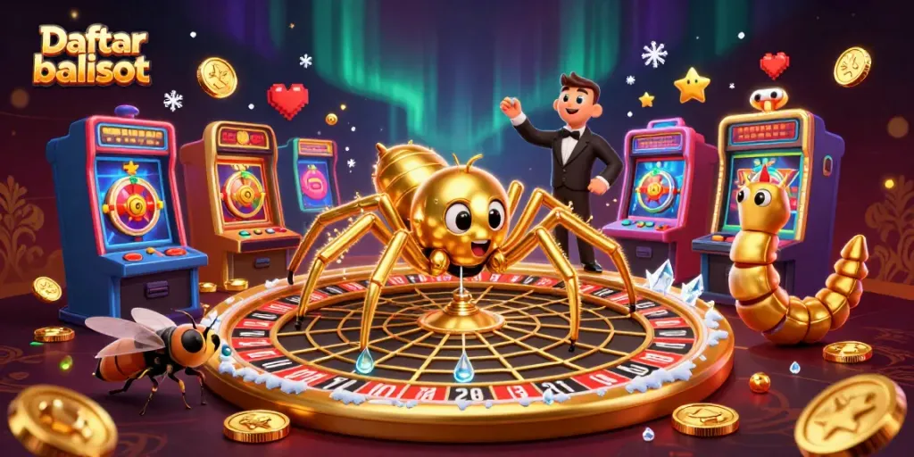 Daftar balisot features a golden spider and croupier in a dynamic online casino scene.