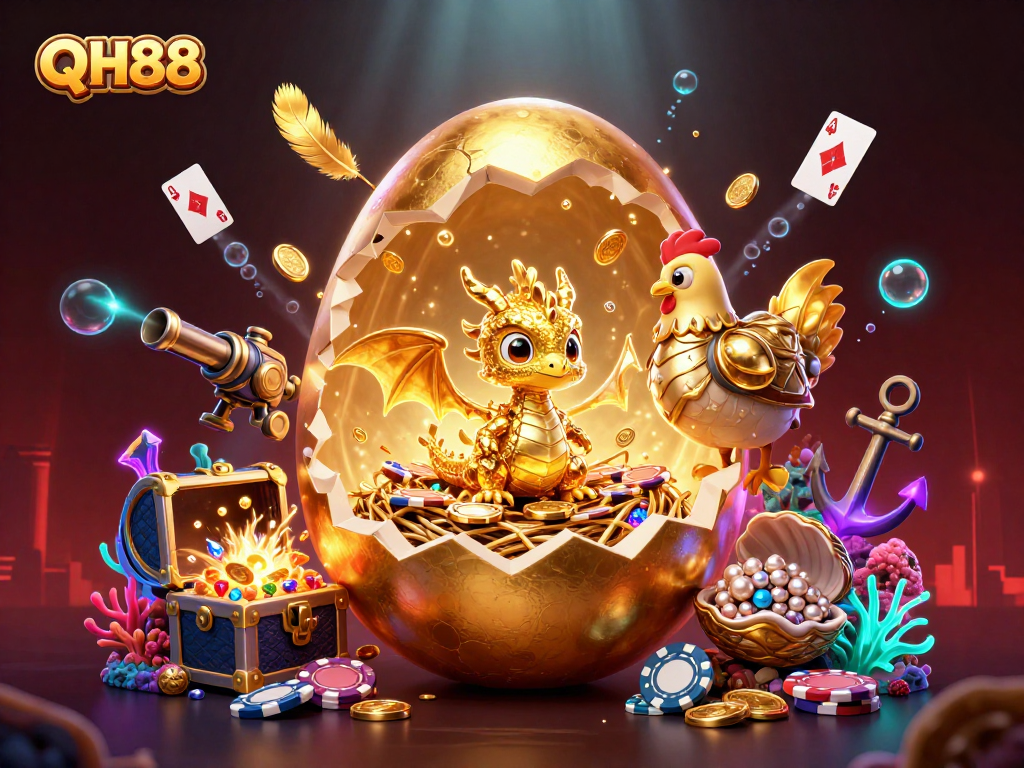 Experience winning with QH88's vibrant casino-themed 3D digital illustration showcasing gold elements and playful characters.