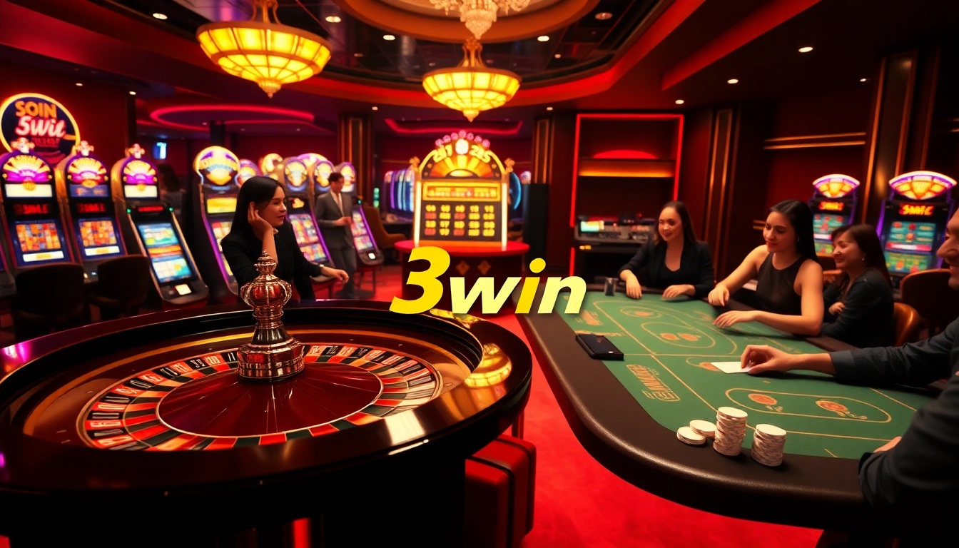 Players enjoy thrilling gambling at 3win's luxurious casino tables with vibrant slot machines.