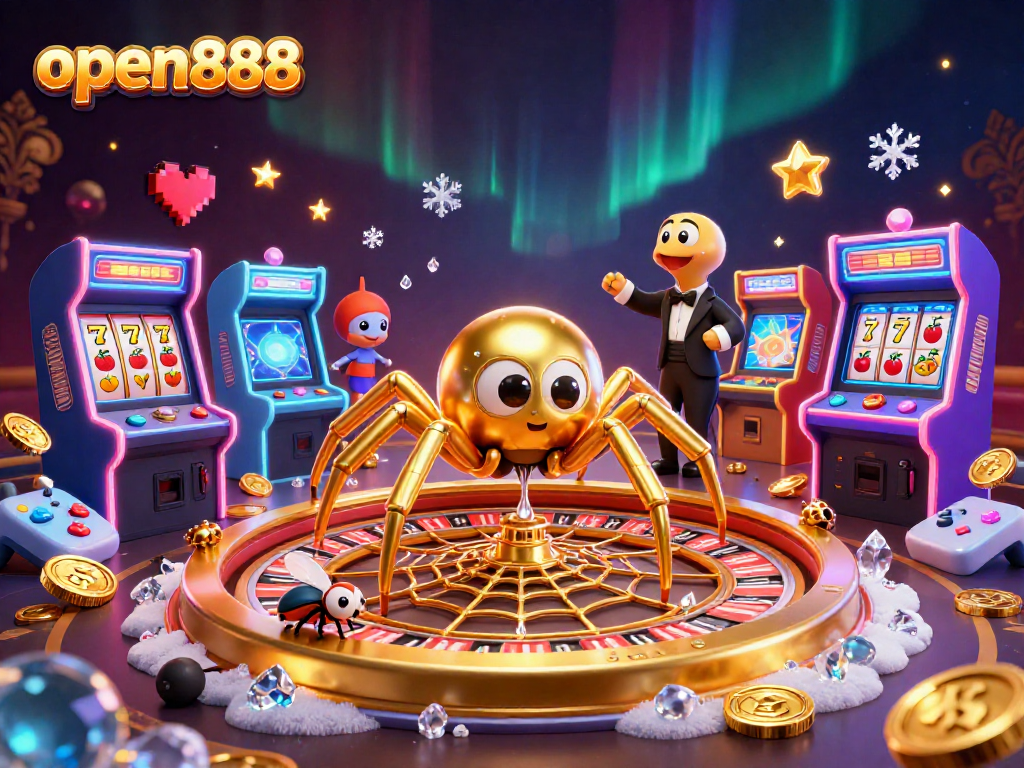 Experience the excitement of open888 with a dynamic casino scene featuring a roulette wheel and colorful game machines.