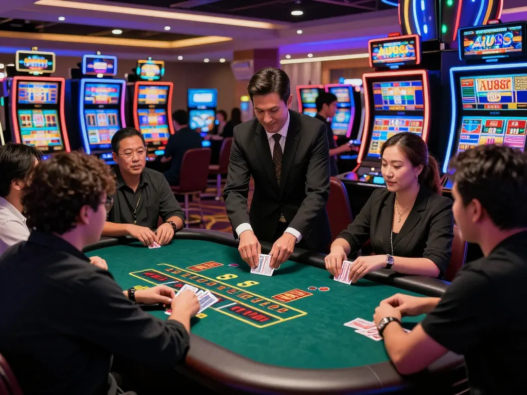 Engaged players enjoying AU88 online gambling experience at a vibrant casino table.