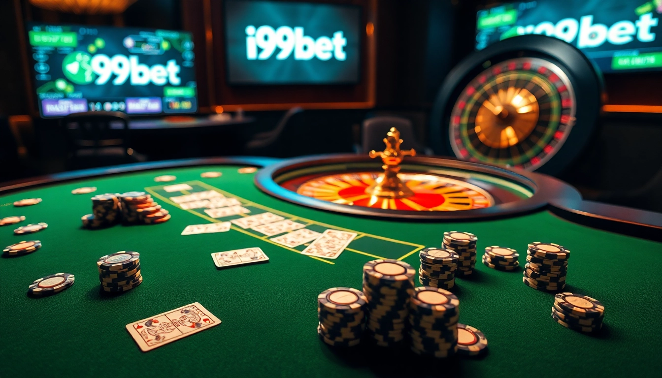 Watch players celebrating at i9bet's luxury casino table amongst vibrant poker chips and glowing roulette wheel