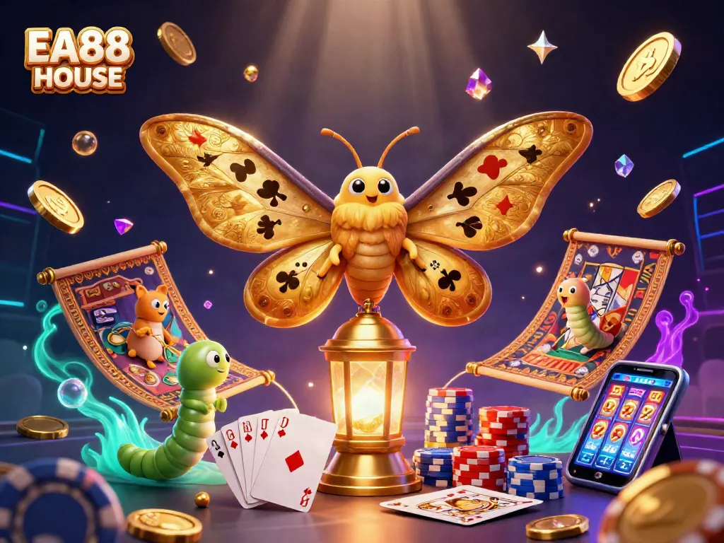 Experience the thrill of EA88 HOUSE with vibrant 3D casino illustration showcasing dynamic gaming elements.