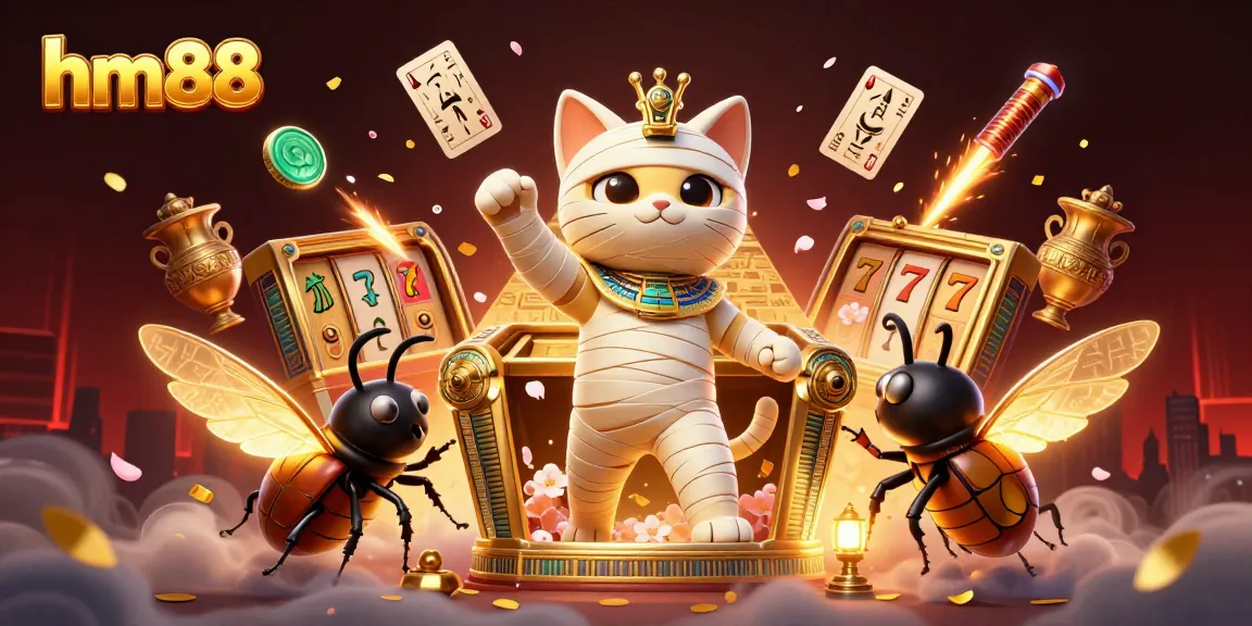 Engaging scene showcasing hm88 with a mummy cat and golden elements among dynamic casino features.