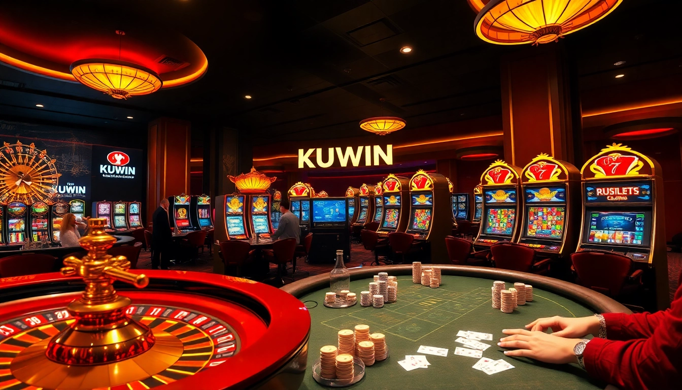 Exciting KUWIN casino scene with roulette wheels, slot machines, and vibrant gaming tables.