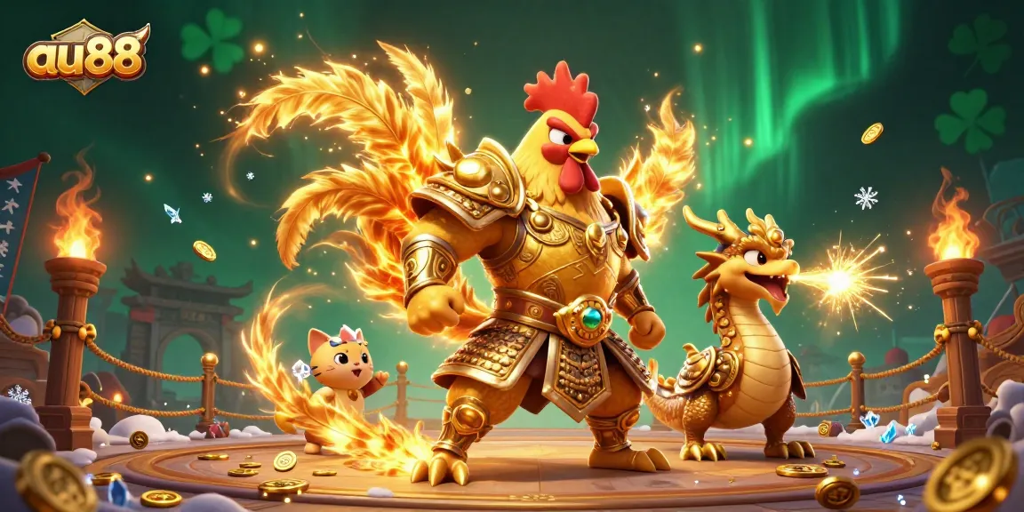 Engage with the thrilling universe of au88 as a heroic rooster warrior and a dragon hatchling compete in an exciting arena.