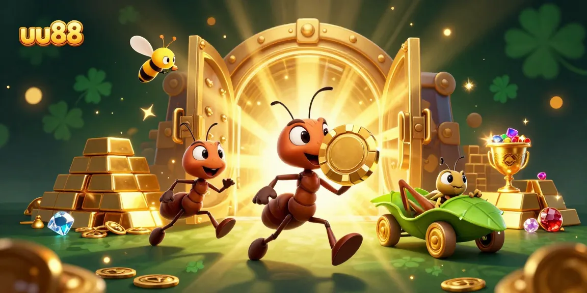 Join the adventurous ants at uu88 as they navigate a sparkling heist scene filled with treasures.