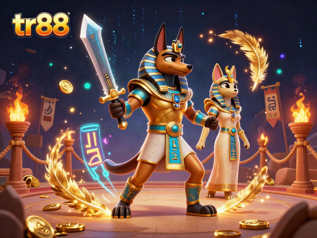 Engage in the thrilling world of tr88, where Anubis and Bastet guard the casino arena amidst glittering coins.