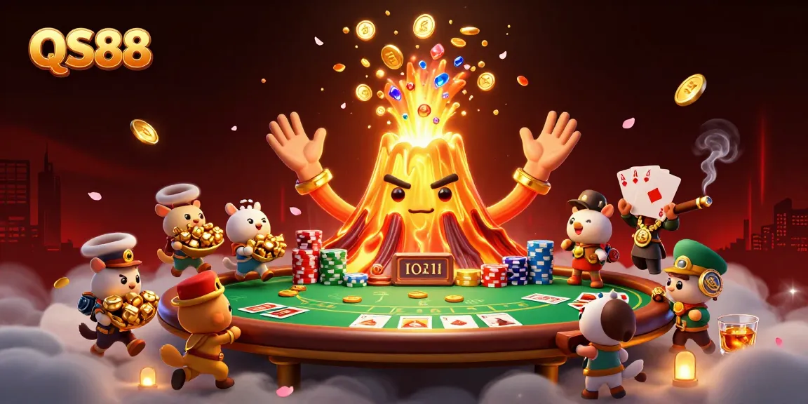 Win big at QS88 while enjoying an exhilarating poker scene featuring a golden volcano and treasures.