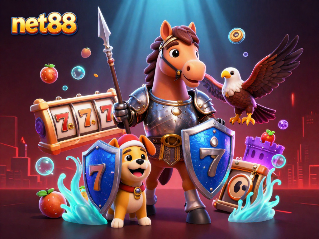 Experience net88's exciting jackpots with our immersive 3D casino scene featuring knights and fortune symbols.