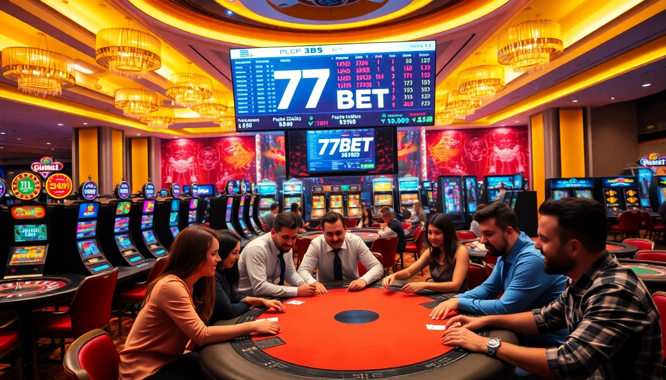 Engaged players enjoying a casino atmosphere at 77BET, showcasing excitement and luxury.