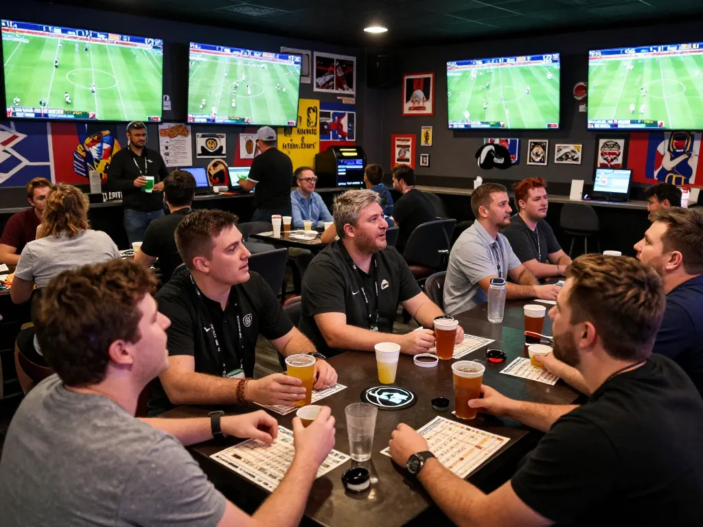 Engaged sports fans strategizing their bets using kèo nhà cái in a vibrant betting lounge