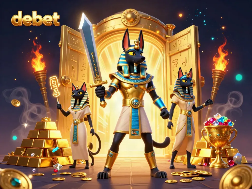 Experience debet's thrilling atmosphere with Egyptian warriors, treasures, and dynamic casino elements.