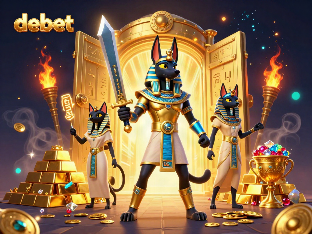 Experience debet's thrilling atmosphere with Egyptian warriors, treasures, and dynamic casino elements.