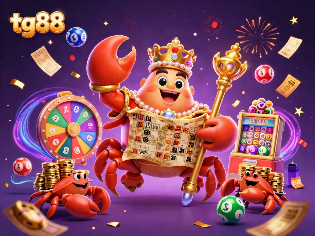 Play exciting games at tg88, featuring a vibrant scene of a golden crab emperor amidst dynamic lottery elements.