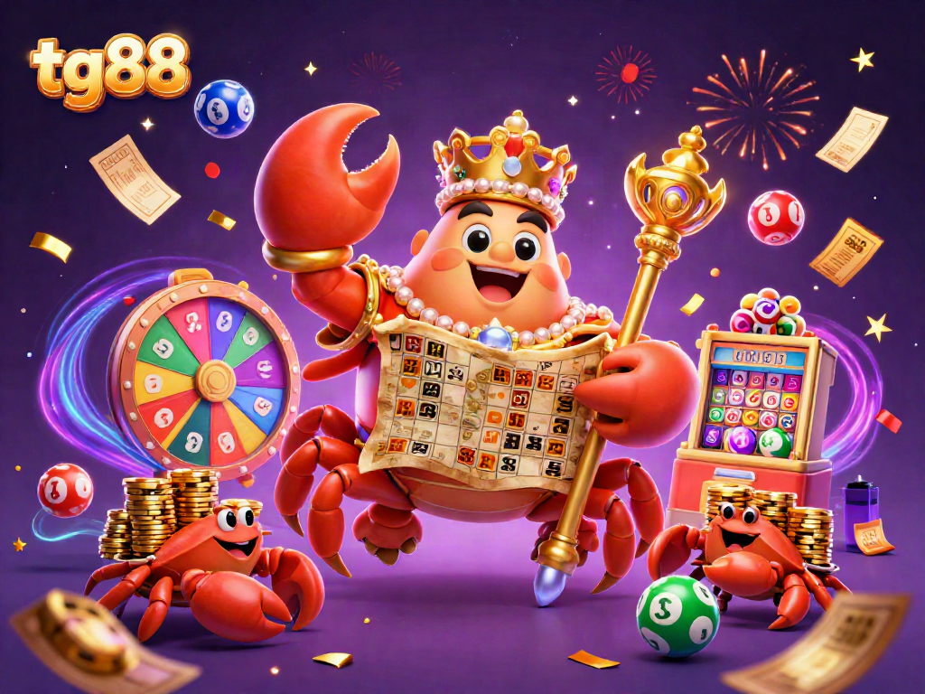 Play exciting games at tg88, featuring a vibrant scene of a golden crab emperor amidst dynamic lottery elements.