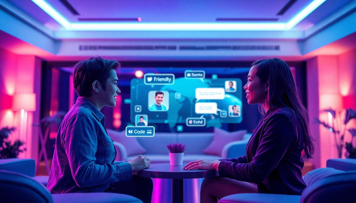 Engaging sex chat AI interaction with diverse avatars in a modern virtual lounge.