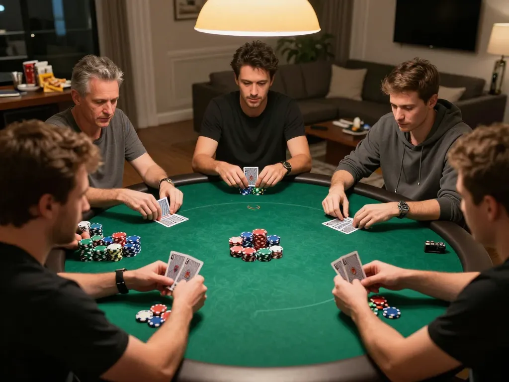 Players strategizing in an intense poker game at home, showcasing the excitement of tr88 gaming.