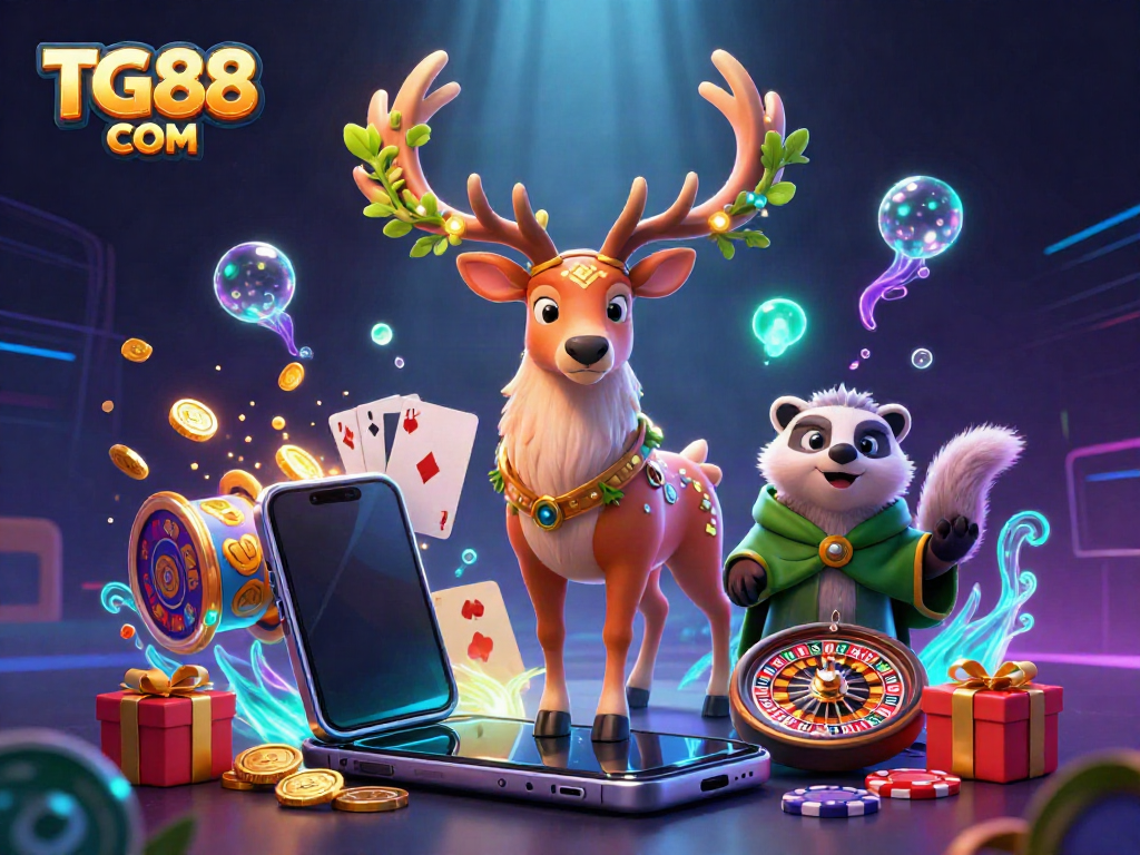 Experience winning with TG88 COM in a vibrant casino scene featuring a druid stag and wise badger.