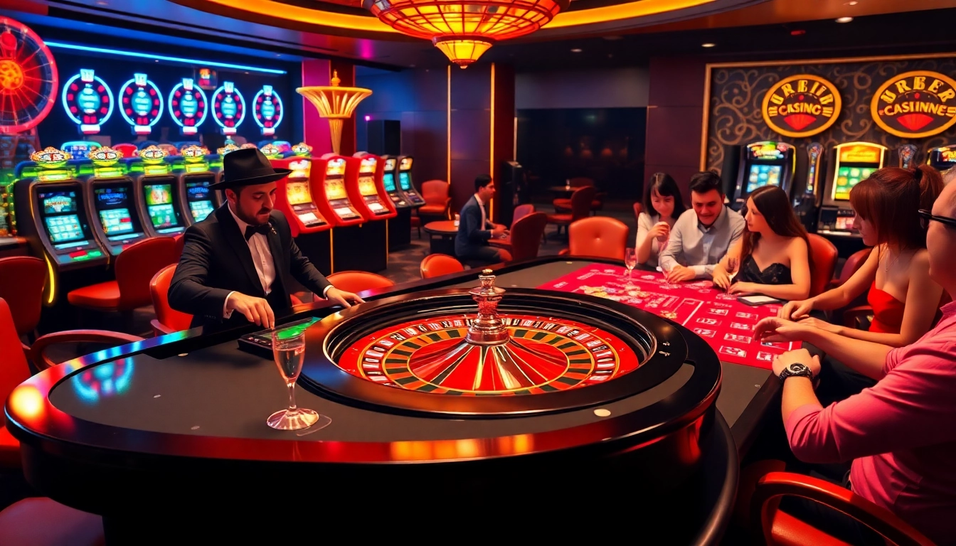 Engaging scene of players celebrating ĐĂNG NHẬP RR88 at a vibrant casino with roulette and poker action.