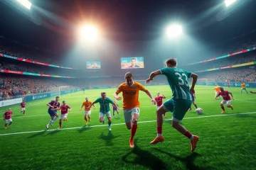 Exciting soccer match scene showcasing the energy of joemadfan.com with vibrant colors and dramatic lighting.