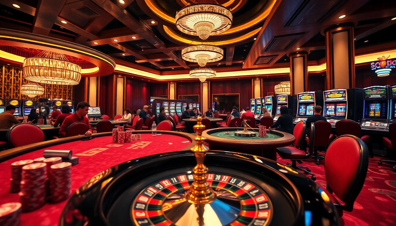 SODO-themed casino atmosphere highlighting poker tables and roulette wheels, capturing gambling excitement.