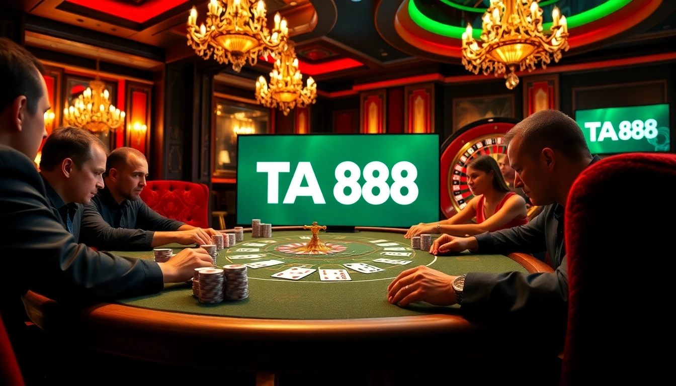 Engage with the thrilling atmosphere of ta88 casino, showcasing intense poker action and luxury elements.