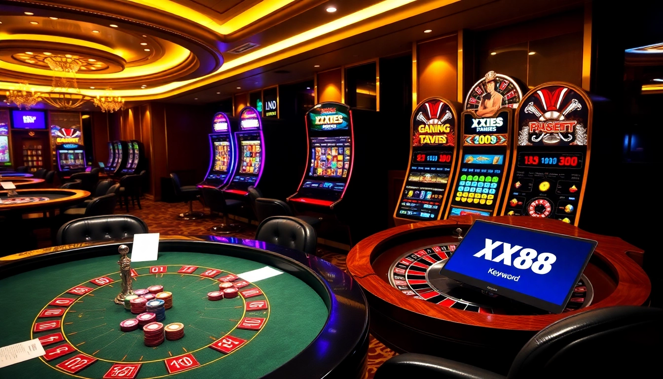 Experience the excitement at nhà cái XX88 with vibrant casino visuals of poker, roulette, and slots.