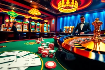 Engaging casino scene with lode88 branding, showcasing poker chips, cards, and a roulette wheel.