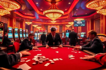 Experience the thrill of debet at an upscale casino with poker tables and vibrant slot machines.