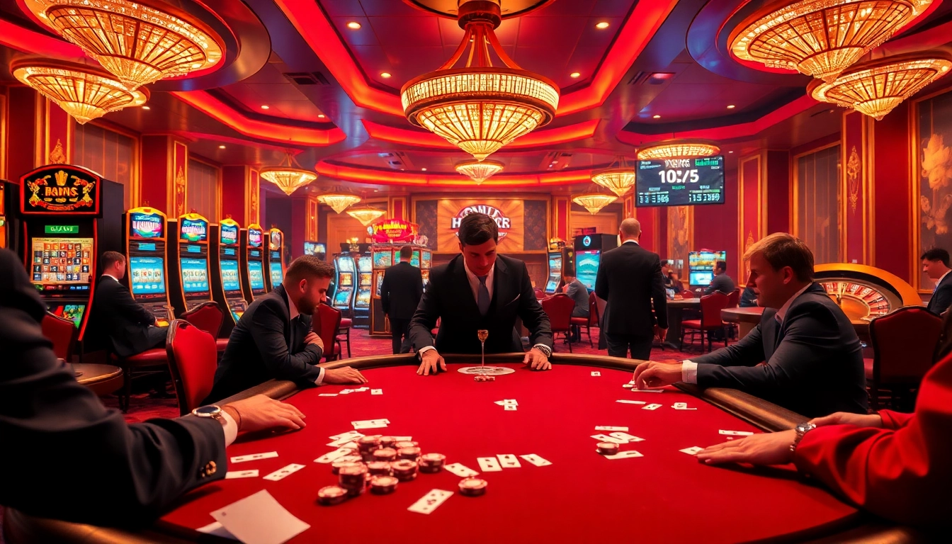 Experience the thrill of debet at an upscale casino with poker tables and vibrant slot machines.