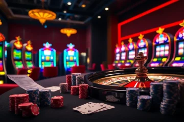 bet88 casino table with poker chips and roulette wheel in an exciting atmosphere