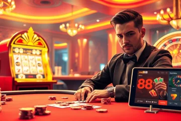Gambler playing poker with red88 chips at a luxury casino table surrounded by excitement.