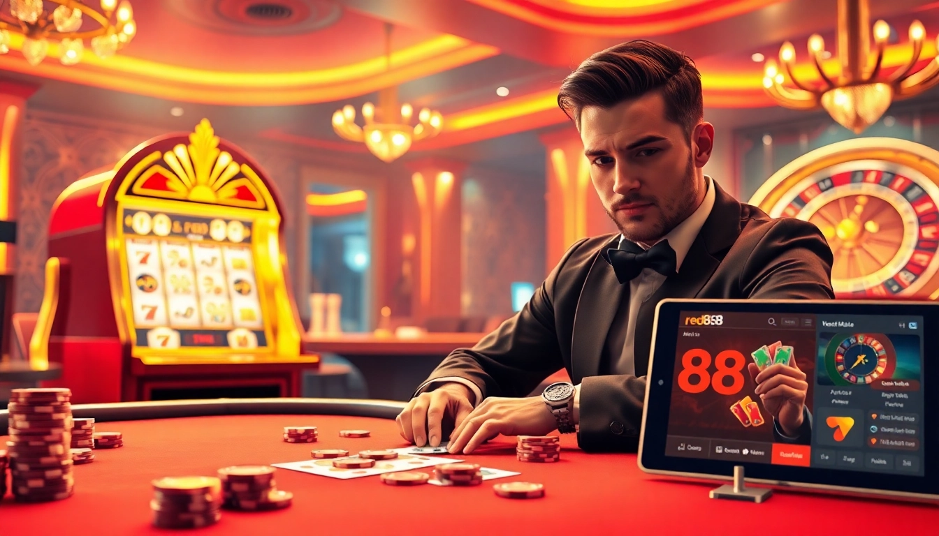 Gambler playing poker with red88 chips at a luxury casino table surrounded by excitement.
