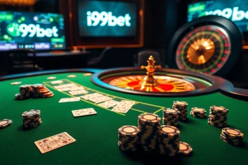 Watch players celebrating at i9bet's luxury casino table amongst vibrant poker chips and glowing roulette wheel
