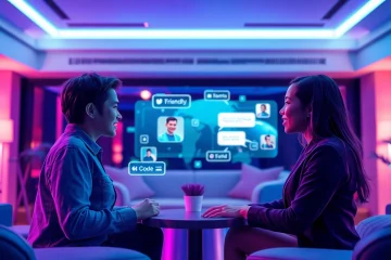 Engaging sex chat AI interaction with diverse avatars in a modern virtual lounge.