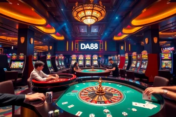 DA88 casino scene with players at a vibrant table and colorful slot machines.
