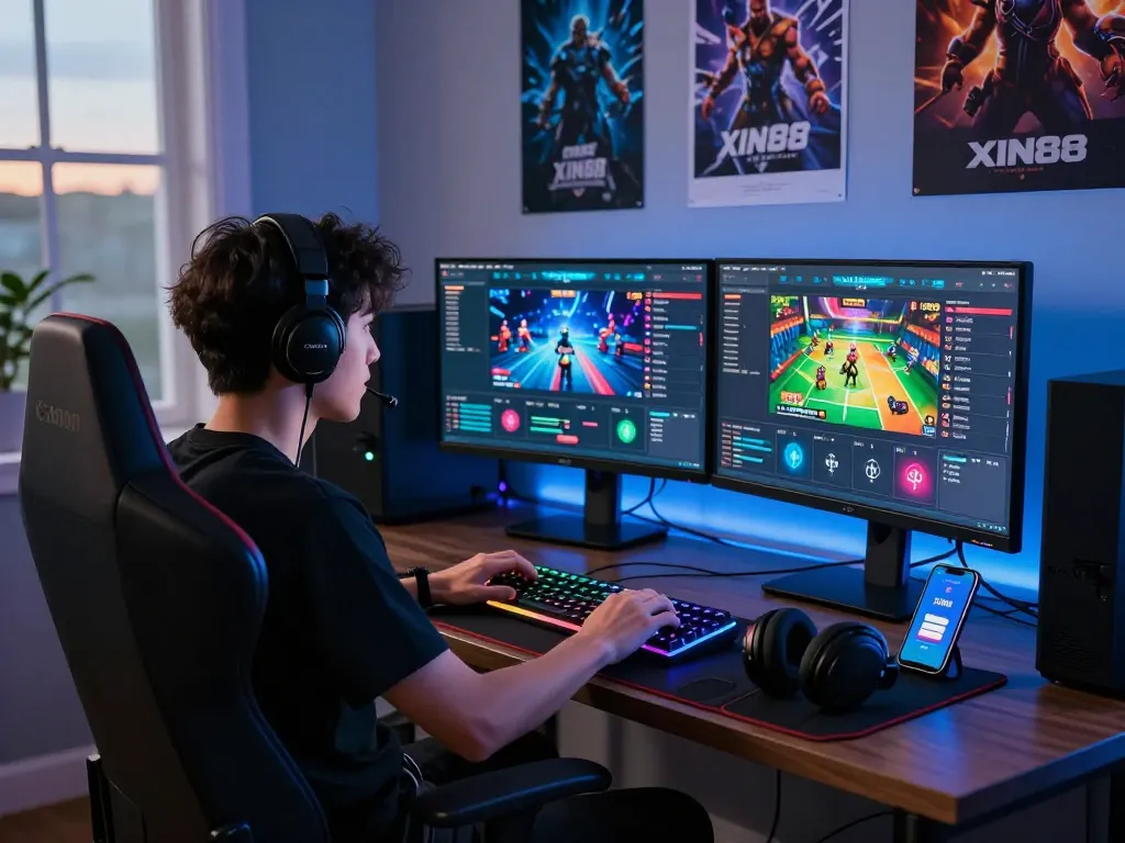XIN88 online gaming scene showcasing a dedicated gamer enjoying live casino games and dynamic interfaces with vibrant graphics.