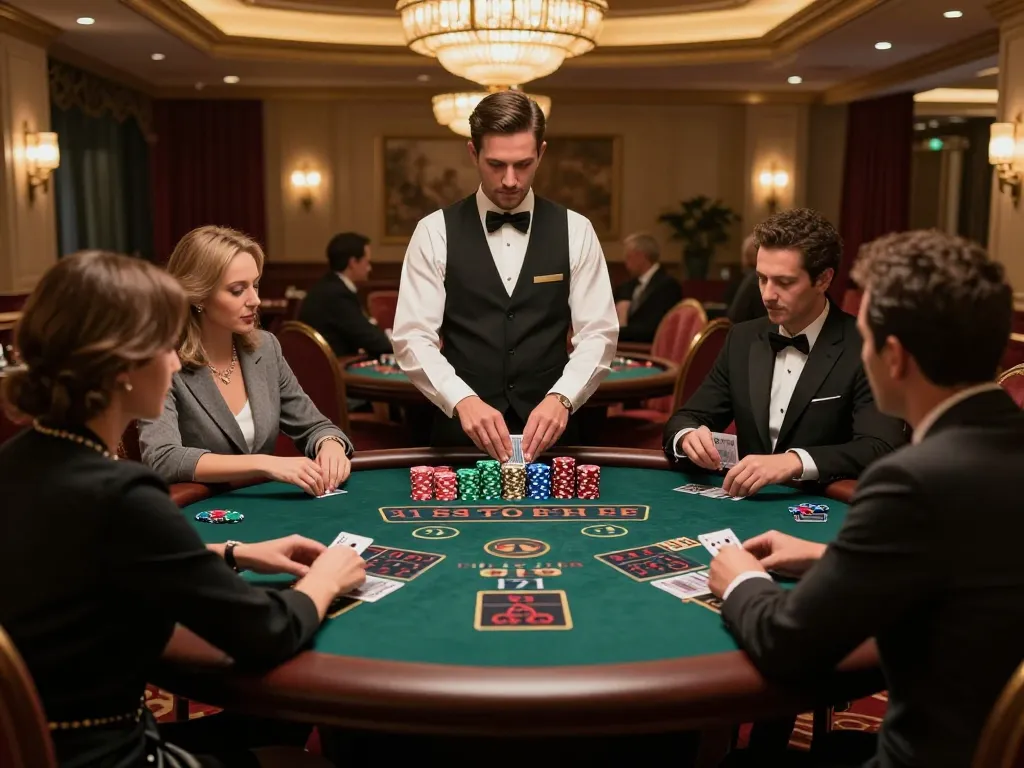 Players engaging in high-stakes blackjack at a lavish casino table featuring MM88 game elements.