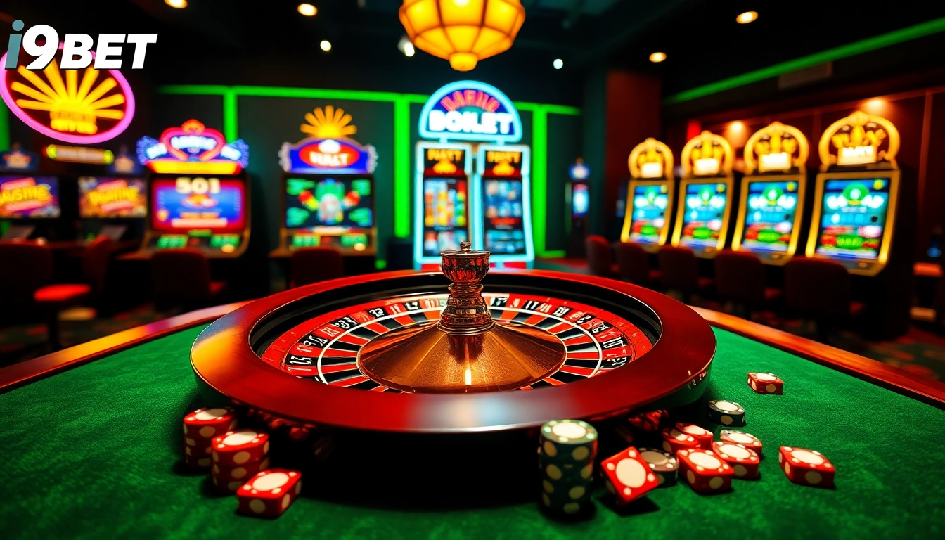 I9BET online gambling action featuring a roulette wheel, poker chips, and slot machines.