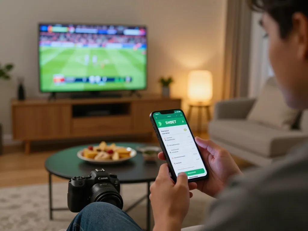 Engaging with SHBET mobile app for live sports betting in a cozy home setup.