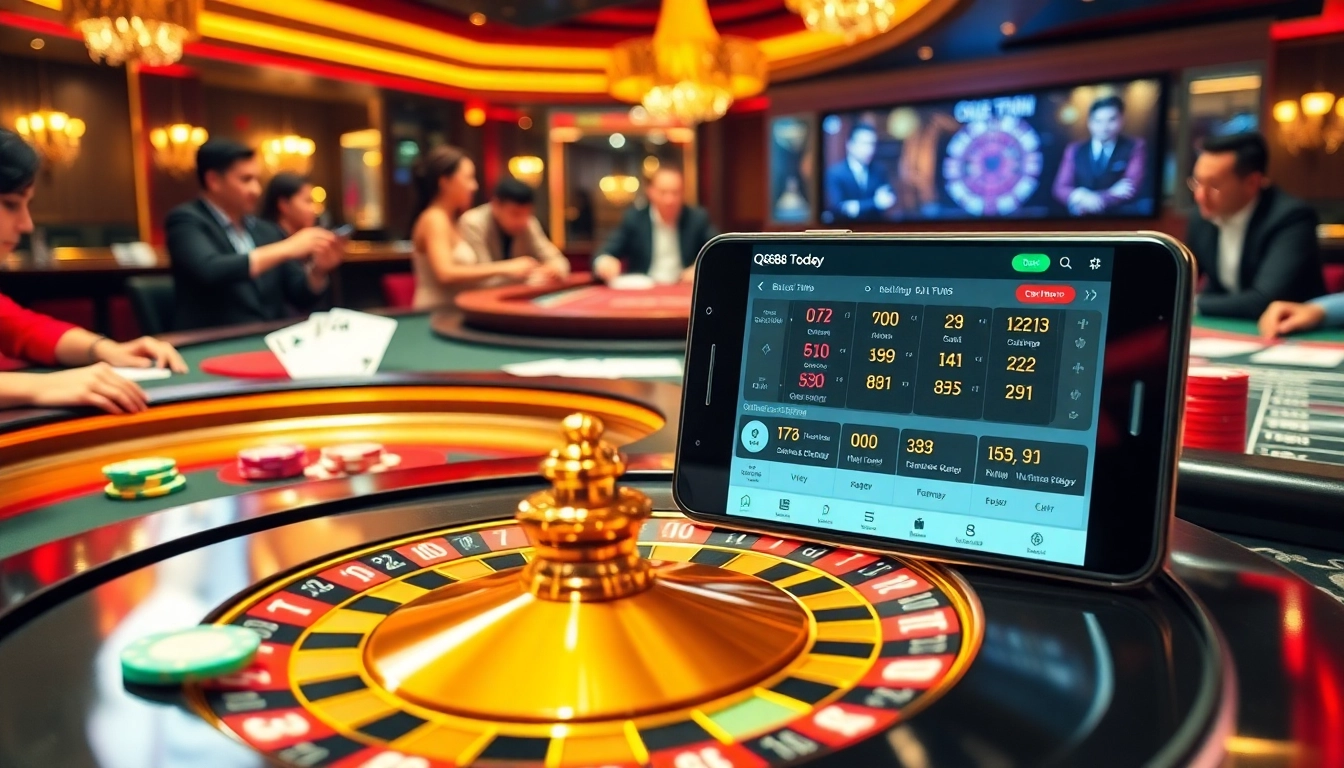 Players engaging in thrilling bets at QQ88 Today's luxurious casino setting.